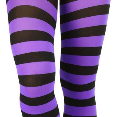 Women's Full Footed Wide Striped Tights Plus Size Black And Purple